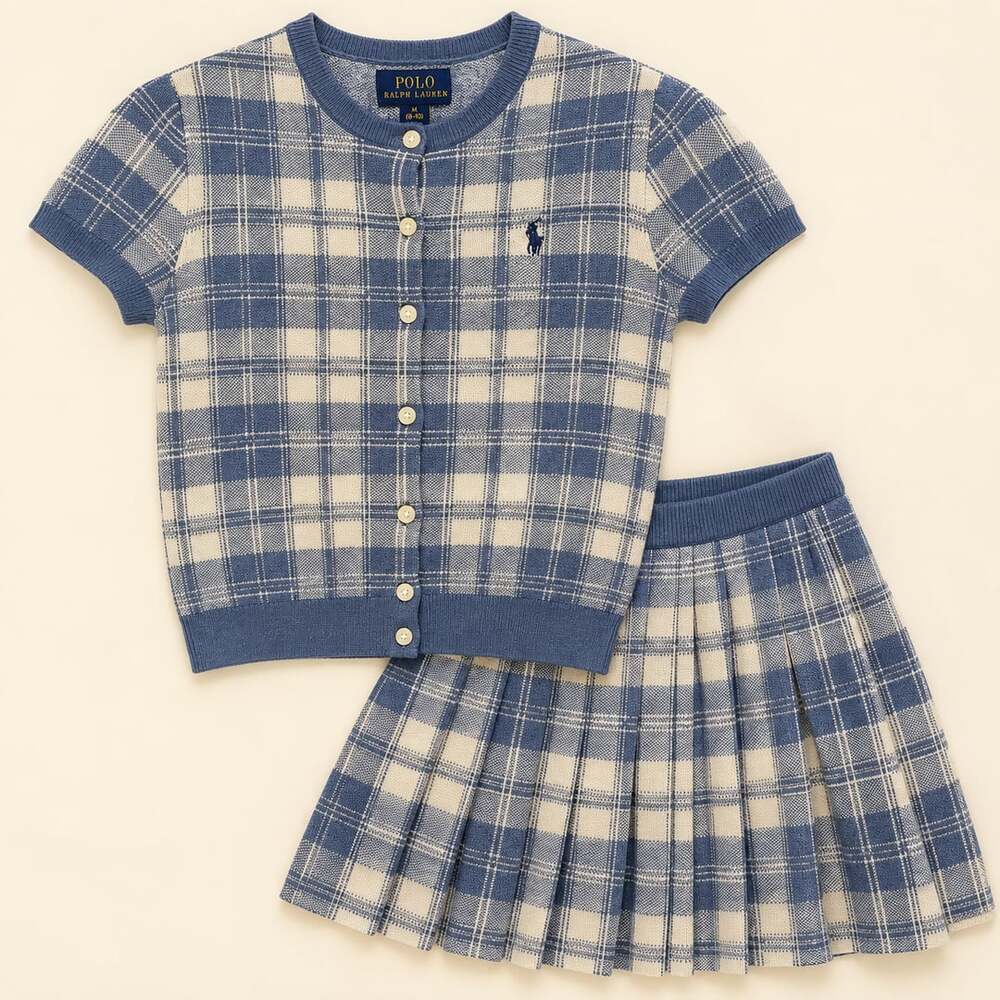 Polo Ralph Lauren Girls Plaid Knit Cardigan Pleated Skirt Set Blue M 8-10